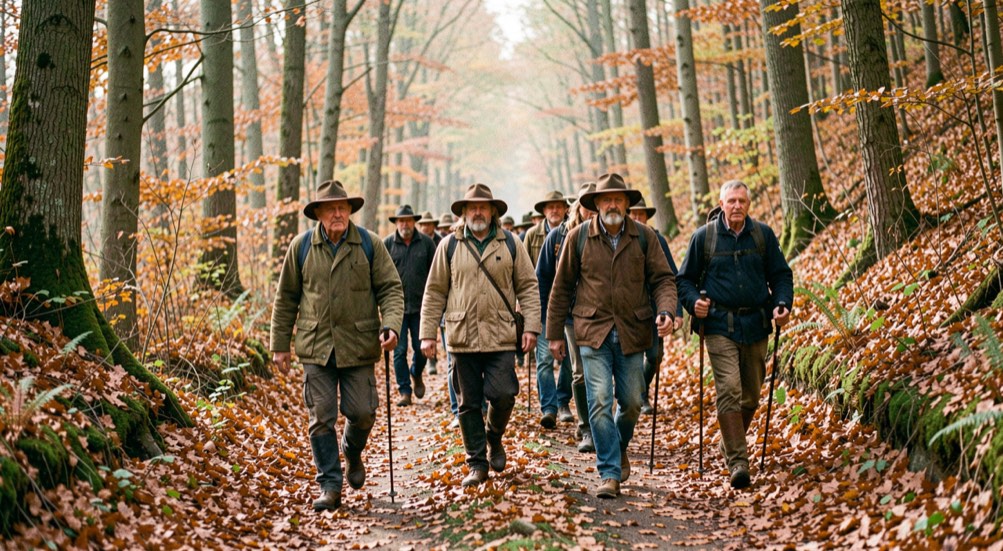 Groupe de marcheurs et de bouviers des Flandres sur un sentier de forêt mixte en automne, feuilles rousses au sol