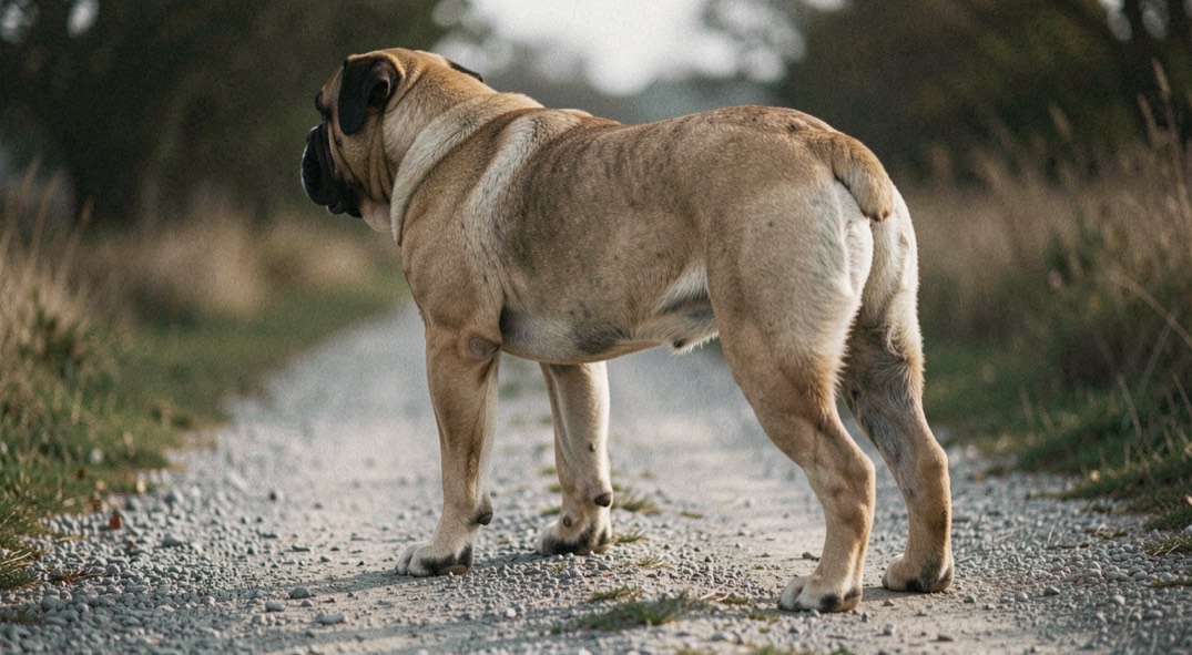 Bouvier des Flandres trapu vu de trois quarts arrière sur un chemin de gravier, masse musculaire des cuisses bien visible