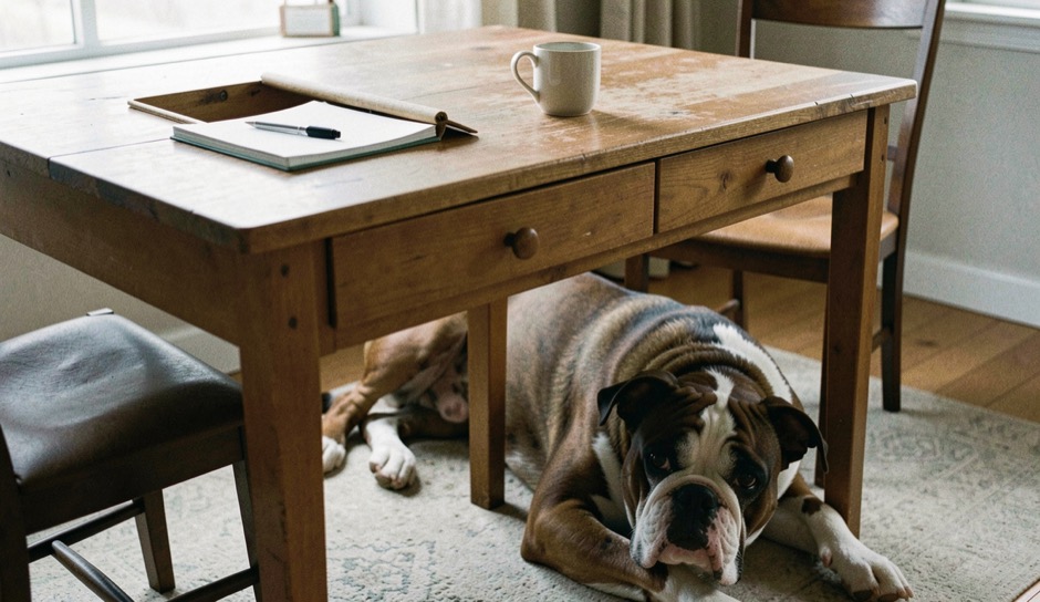 Table de bois avec un dossier ouvert, un stylo et une tasse, bouvier des Flandres couché au pied de la chaise