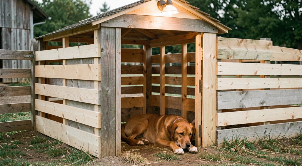 Enclos de chiots en planches claires ouvert sur une cour de ferme, chienne adulte couchée à l’entrée sous une lampe chaude