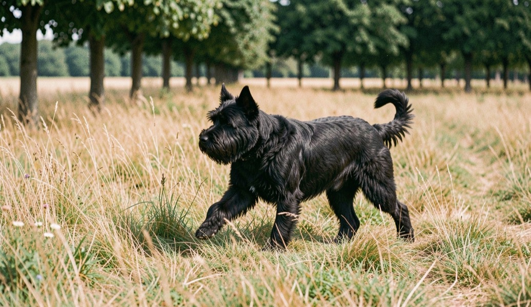 Bouvier des Flandres noir traversant un pré de fin d’été au trot, herbe haute dorée et rangée d’arbres à l’arrière-plan