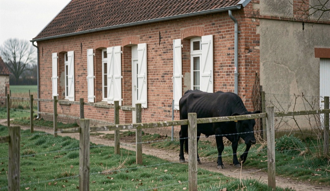 Ferme de brique rouge aux volets blancs derrière un pré clôturé, bouvier des Flandres noir marchant le long de la haie