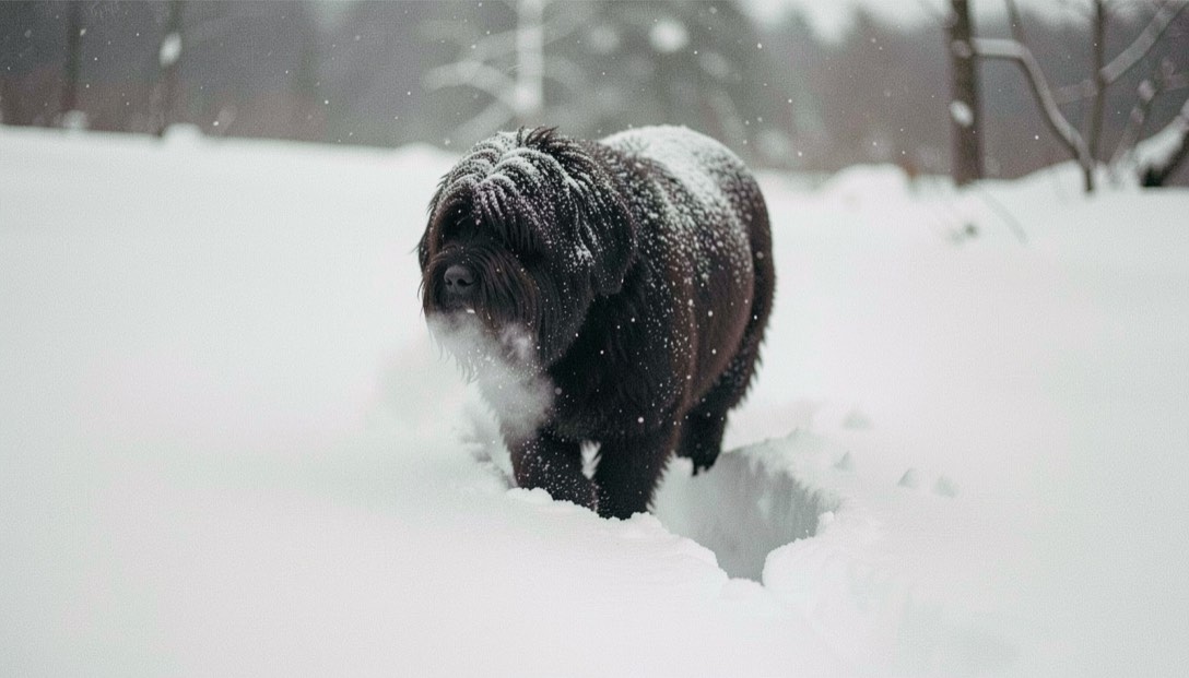 Bouvier des Flandres noir marchant dans une congère, poil du dos couvert de neige poudreuse et souffle visible dans l’air froid