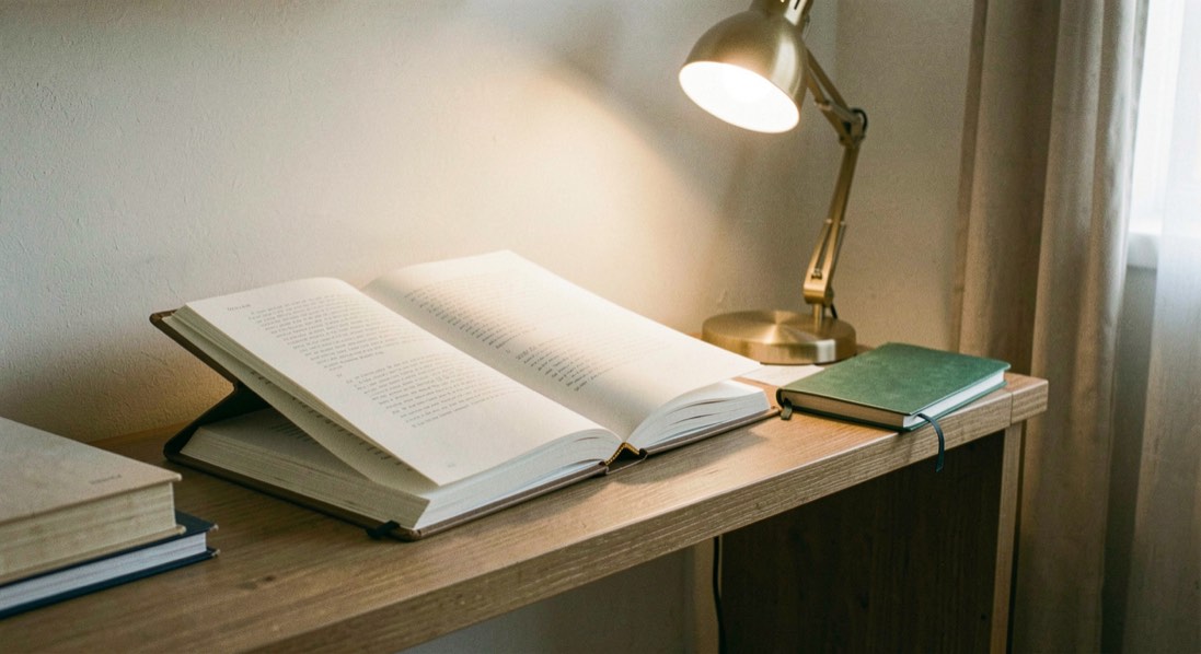 Classeur ouvert sur une étagère de bureau à côté d’une lampe allumée et d’un carnet à couverture verte