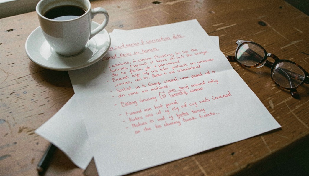 Feuilles imprimées annotées au crayon rouge posées sur une table, tasse de café et lunettes à côté