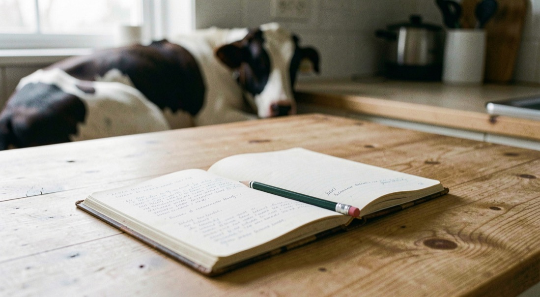 Carnet de notes ouvert sur une table de cuisine en pin, crayon posé en travers, bouvier des Flandres couché en arrière-plan flou