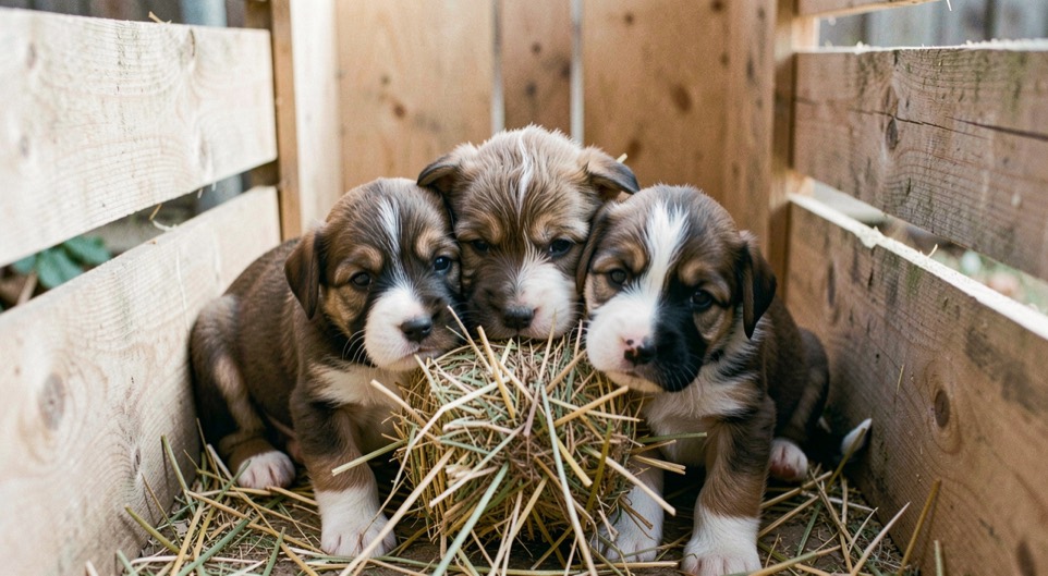 Trois chiots bouvier des Flandres de sept semaines serrés contre une botte de paille dans un enclos de planches clair