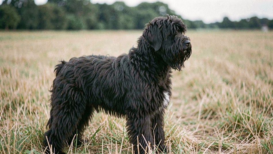 Bouvier des Flandres noir au poil rude debout de profil dans un pré fauché, museau barbu tourné vers l'horizon
