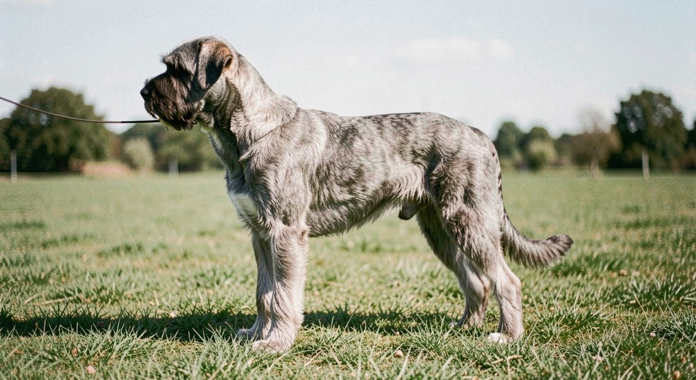 Bouvier des Flandres gris bringé campé de profil sur une pelouse rase, ligne de dos droite et fouet court, lumière franche de midi
