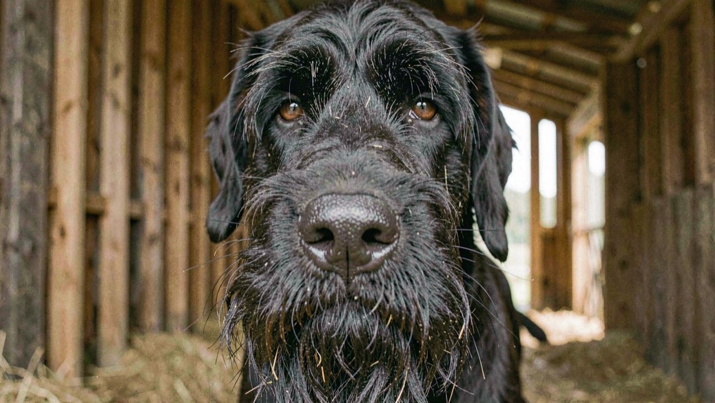 Gros plan sur la tête barbue d’un bouvier des Flandres noir, sourcils broussailleux et truffe humide, fond de grange en planches