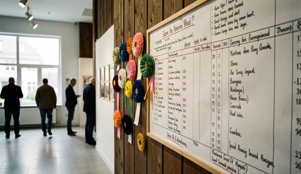 Rosettes de couleur accrochées à une cloison de bois près d’un tableau de résultats manuscrit dans un hall d’exposition