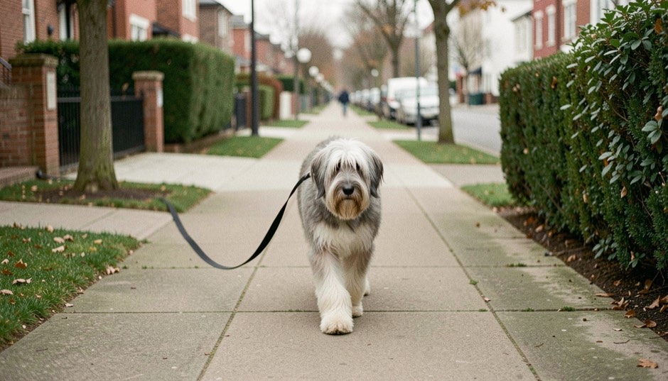 Bouvier des Flandres marchant au pied en laisse détendue sur un trottoir de quartier résidentiel, laisse formant un grand U souple